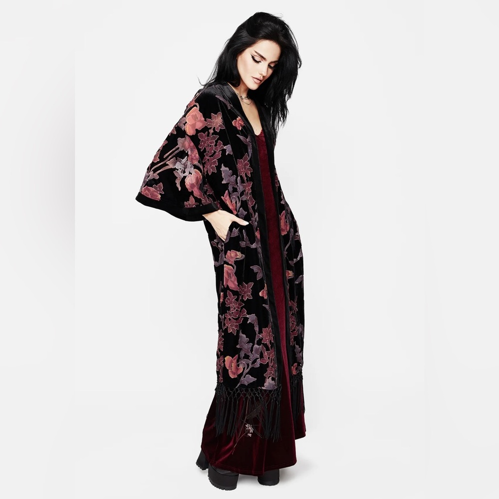 NWT Disturbia Waterlily Burnout Fringe Trim Longline Kimono Size L Large